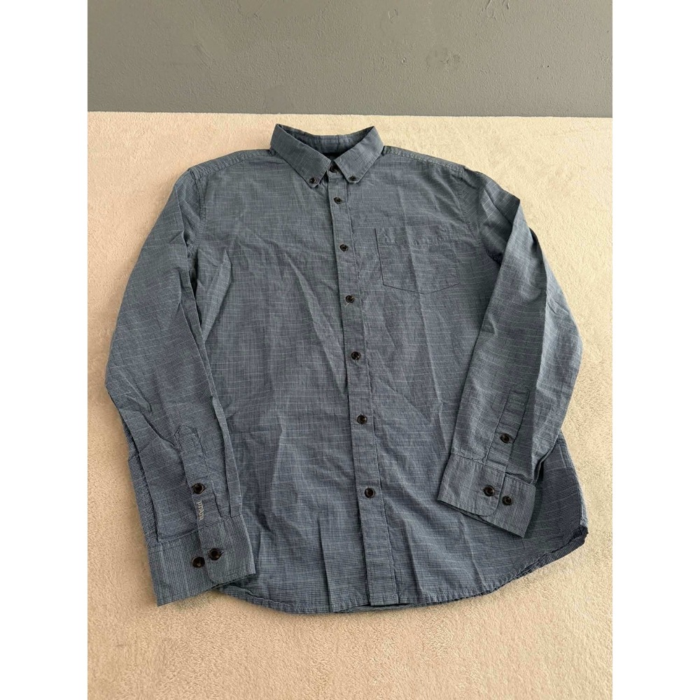 Prana Mens L Blue Micro Check Button Down Long Sleeve Casual Outdoor Shirt